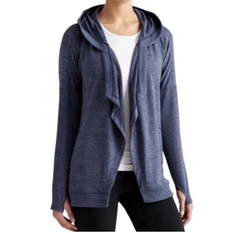 Athleta Blissful Wrap Hooded Cardigan Open Front Drape Marled Blue Pockets Small